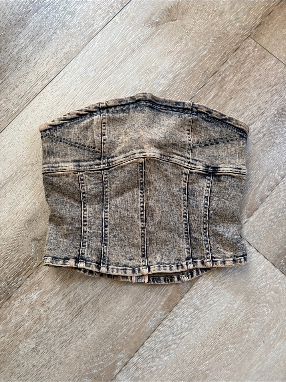 Free People Tan and Black Acid-Wash Denim Corset Top
